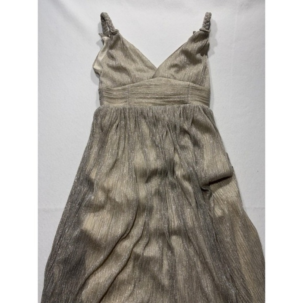 LINI Katherine Dress Womens Medium Champagne Metallic Pleated V Neck Maxi